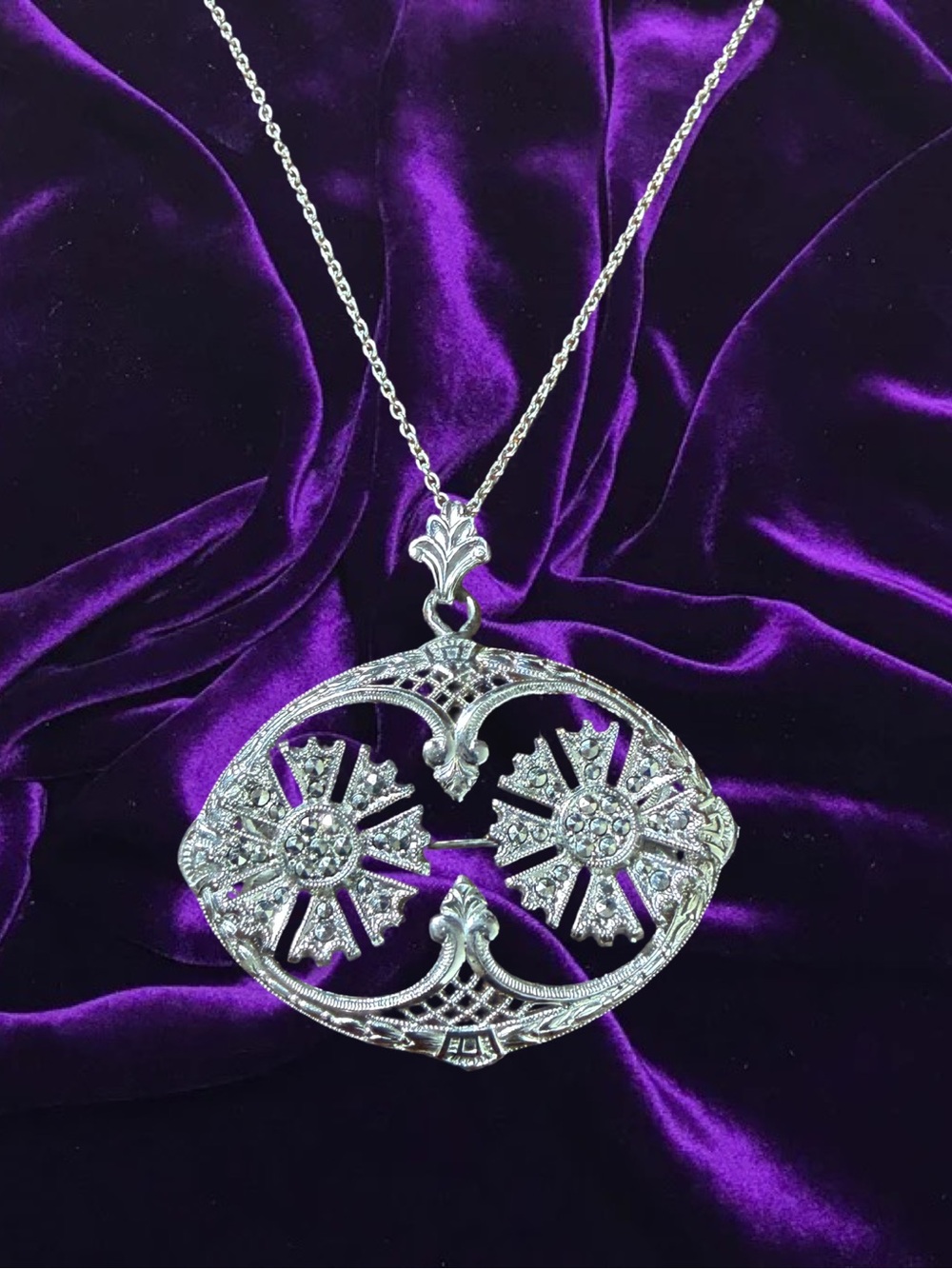 Sterling Silver Floral Filigree Marcasite Pendant Necklace 18”